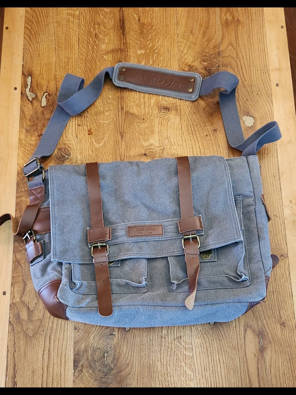 Canvas Messenger Bag with Brown Leather Trim - Gray Men's Shoulder Bag
